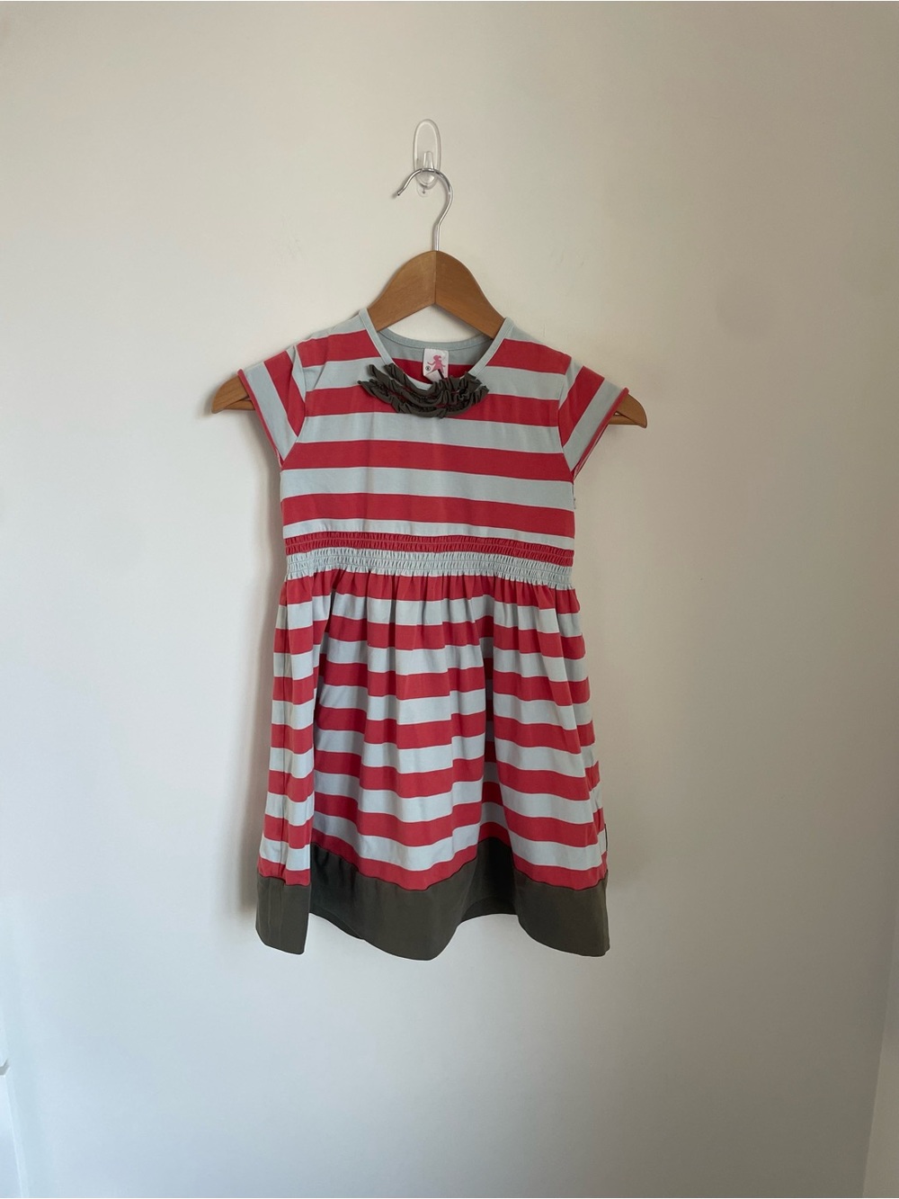 Matilda Jane Coral and White Striped Dress with Olive Hem